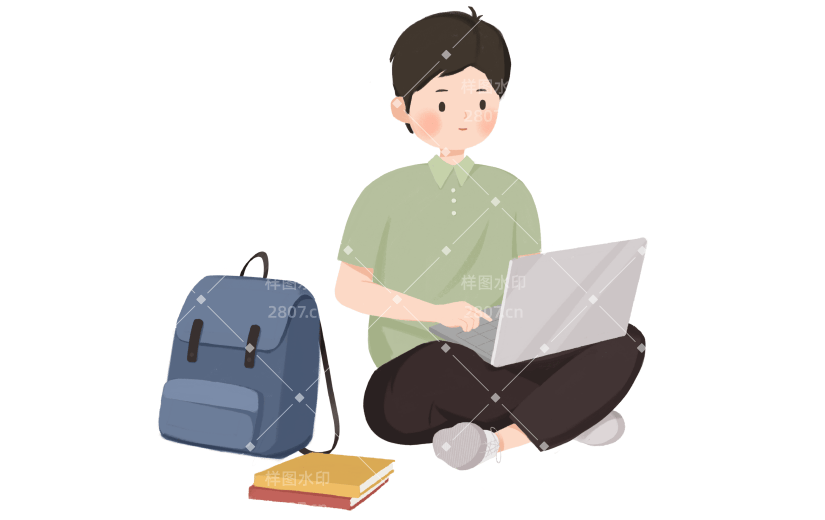 手绘盘坐在地上使用电脑办公的男孩人物学习元素