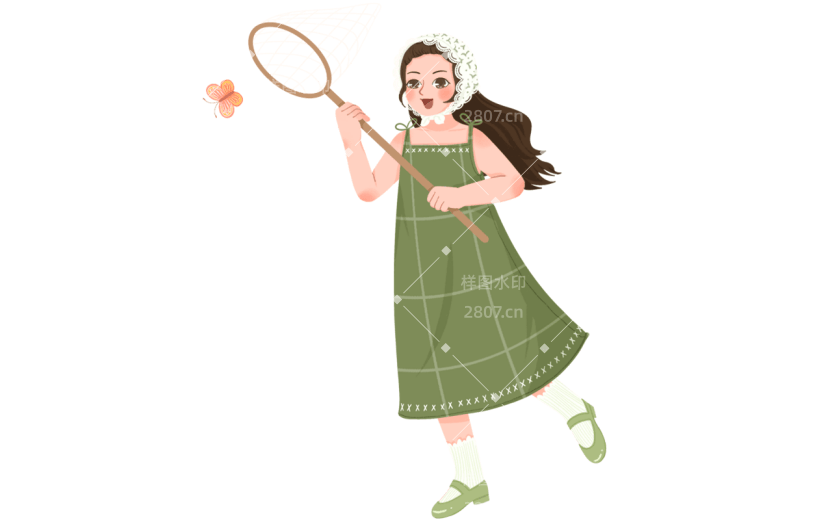 手绘蕾丝头套捕蝴蝶女孩元素贴纸