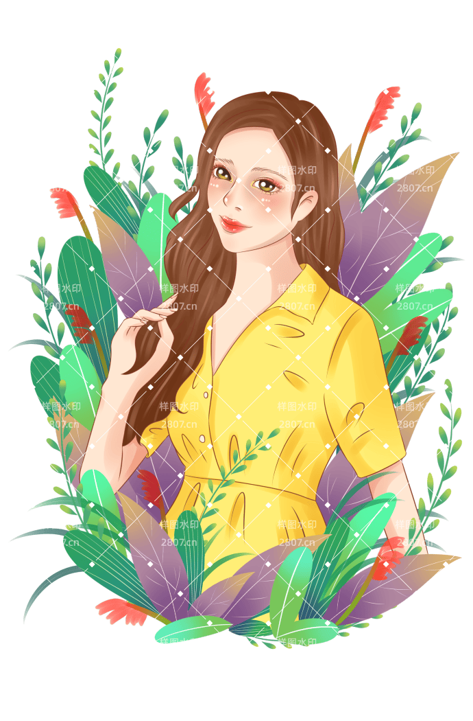 节日元素妇女节女神花草长发女孩