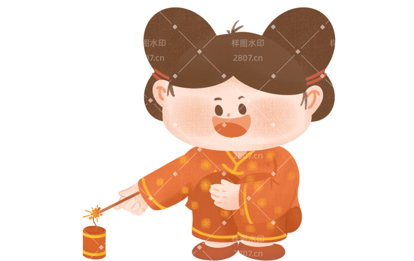 手绘年画娃娃放鞭炮新年元素