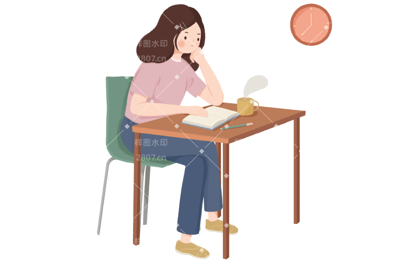 手绘坐在书桌前读书的女孩人物学习元素