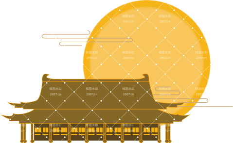 黄色的写实风格的圆月与广寒宫元素