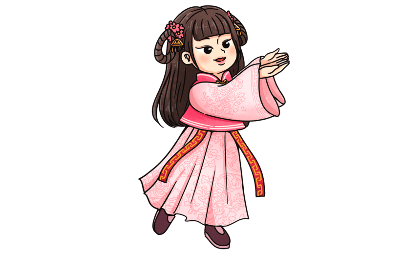 中国风-传统节气人物活动元素贴纸-粉裙子女孩