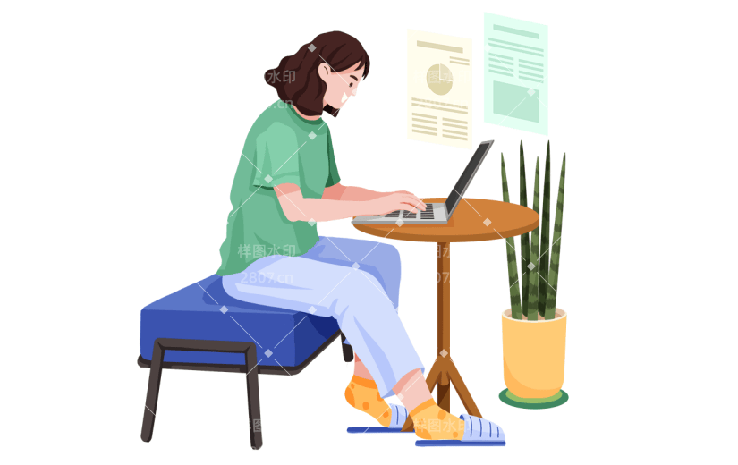 手绘在家办公的女孩职业元素