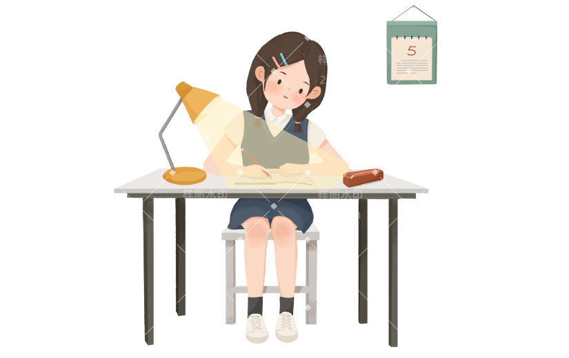 手绘坐在书桌前学习的女孩人物学习元素