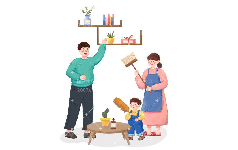 手绘一家人打扫卫生插画元素