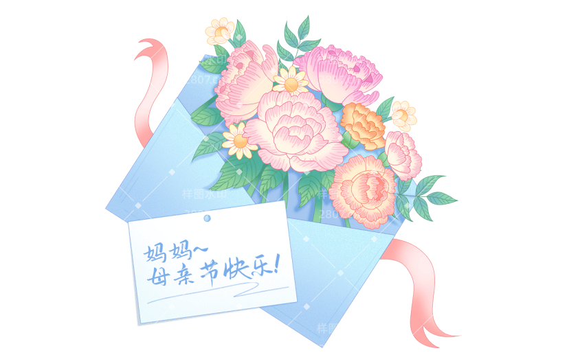 母亲节通用康乃馨信封鲜花组合元素素材