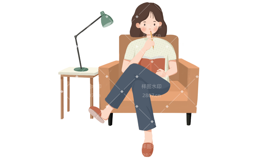 手绘坐在沙发上看书的女孩人物学习元素