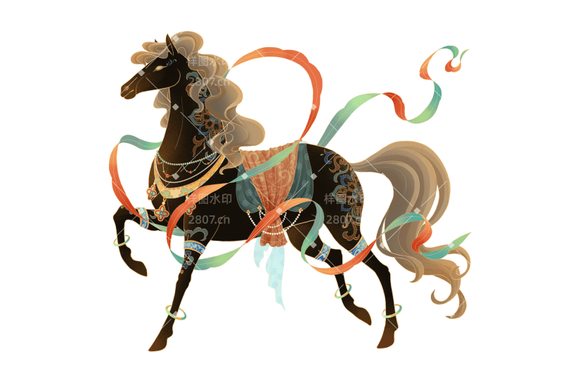 马年中式感敦煌风插画马元素