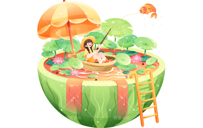 二十四节气立夏通用插画微缩西瓜荷塘人物垂钓场景元素素材