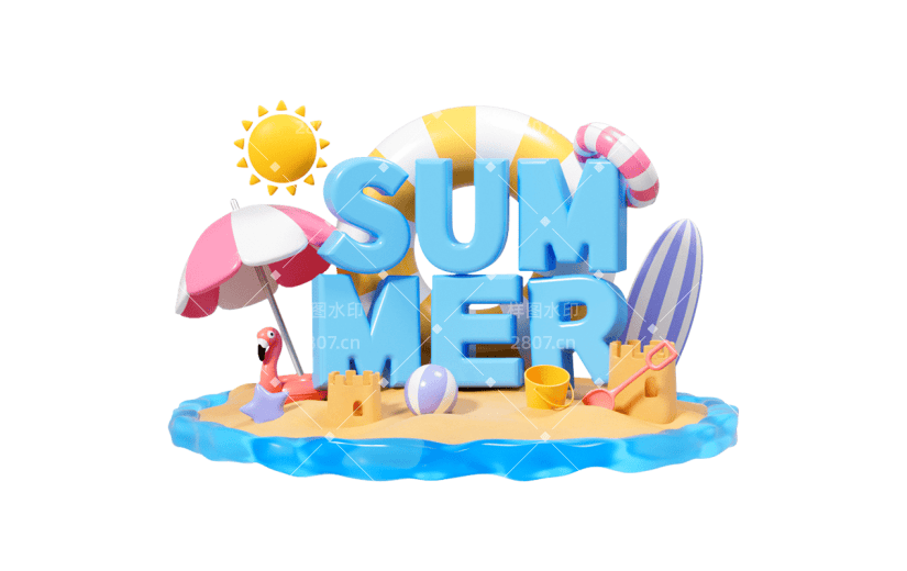 夏天夏季通用3D卡通立体海边场景艺术字文字标题元素素材