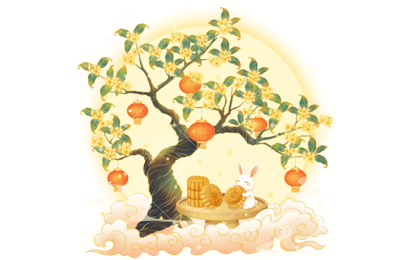 中秋节温馨感兔子月饼元素