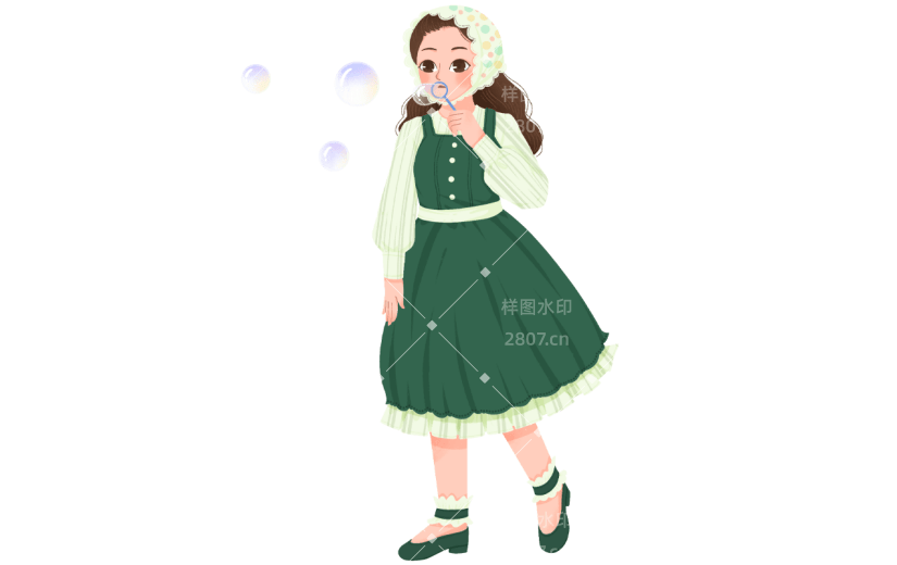 蕾丝头套穿绿色裙子女孩元素贴纸