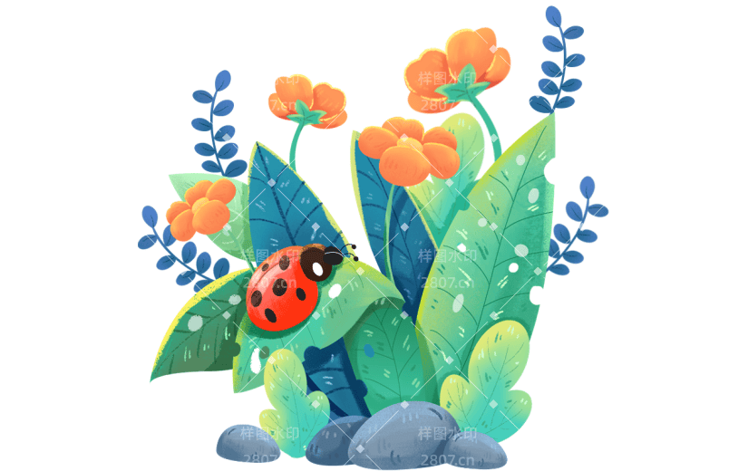 传统节气惊蛰卡通感插画植物昆虫七星瓢虫组合元素素材