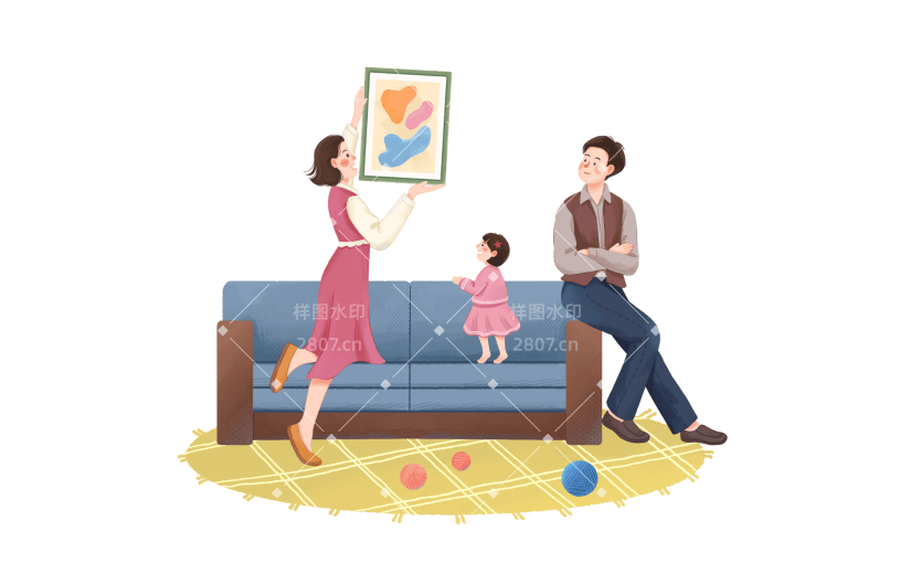 彩色一家人手绘插画贴纸元素设计