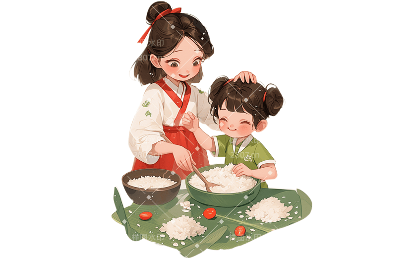 端午节通用中国风动漫绿色厚涂插画古风人物包粽子元素