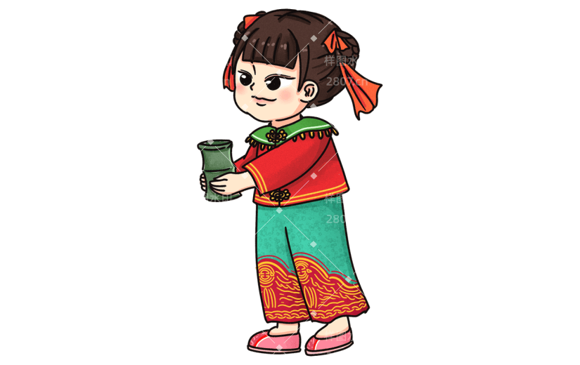 中国风-传统节气人物活动元素贴纸-盛水女孩