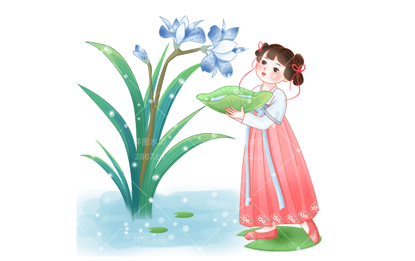手绘-白露节气少女人物插画1