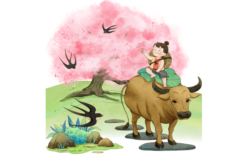 清明节古风插画牧童黄牛人物组合元素素材