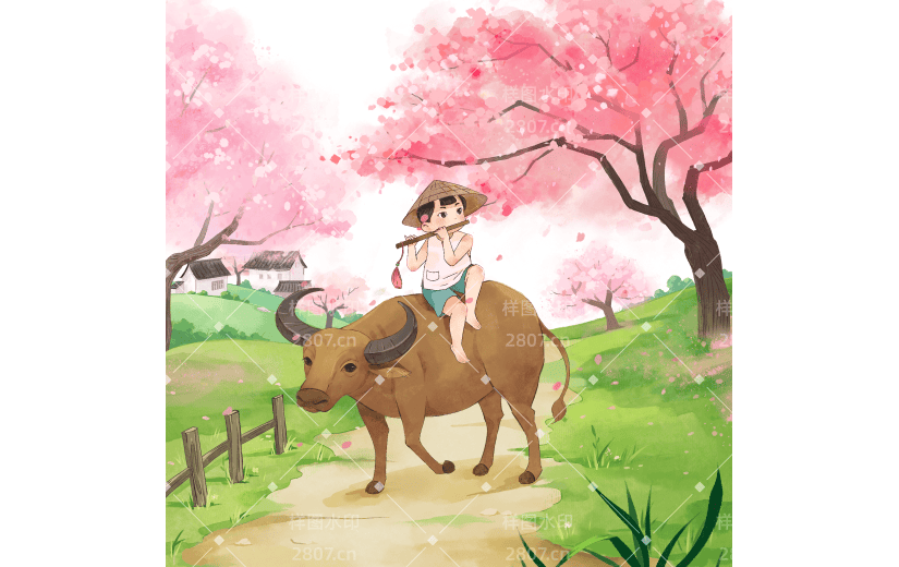 清明节通用古风插画牧童黄牛组合元素素材