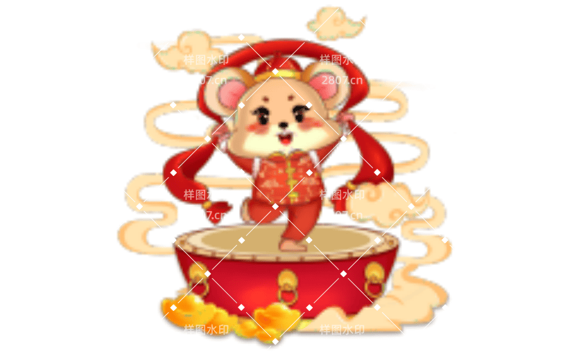 站在鼓上拿着绸缎的鼠年可爱老鼠形象元素