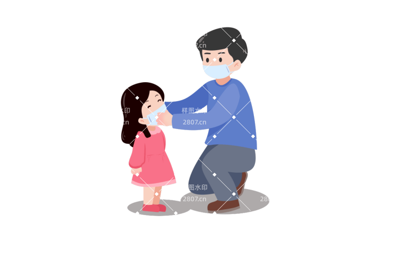 父女抗击新冠病毒戴口罩插画