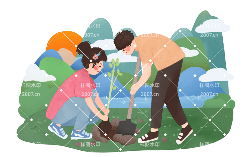 卡通挖土种树男孩女孩植树节元素