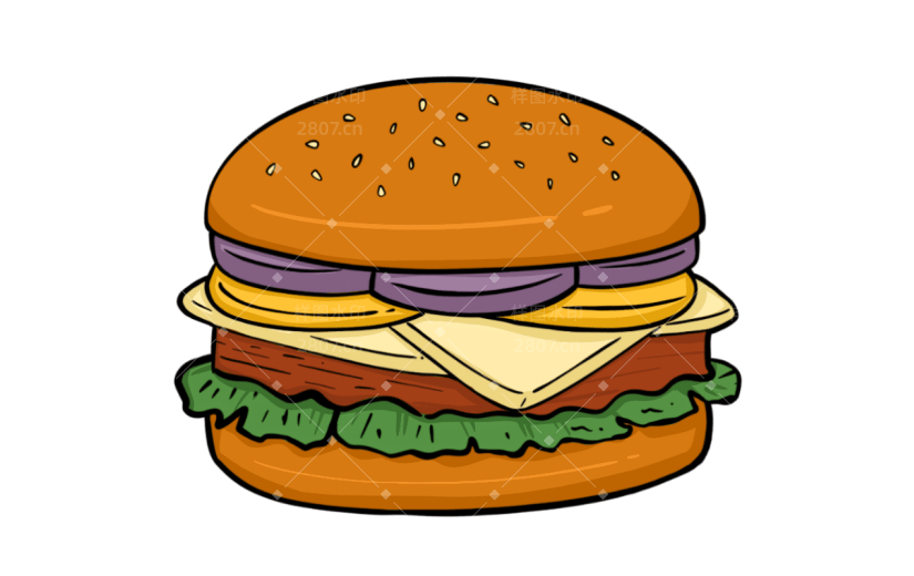 手绘-撞色描边美食元素贴纸-汉堡