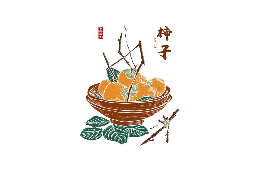 手绘水果 手绘柿子 中国风柿子 柿子插图